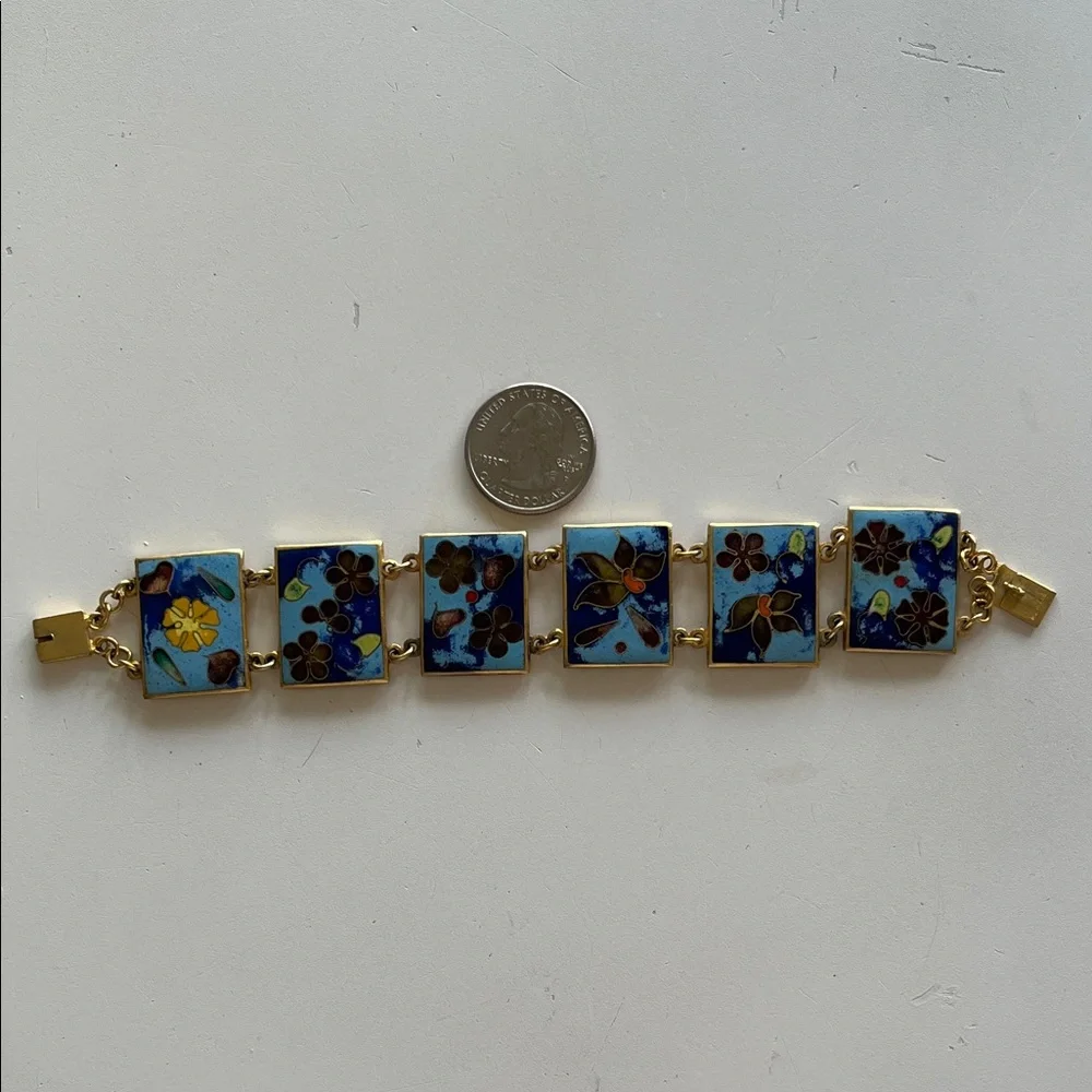 Vintage panel enamel cloisonné turquoise blue gold bracelet - Picture 14 of 17
